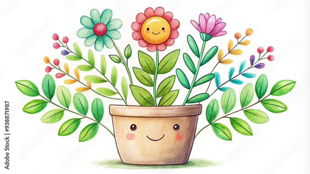 A whimsical, hand-drawn illustration of a happy potted plant with bright green leaves and colorful blooms, set against a soft, white background with gentle textures. A whimsical, hand-drawn illustration of a happy potted plant with bright green leaves and colorful blooms, set against a soft, white background with gentle textures.