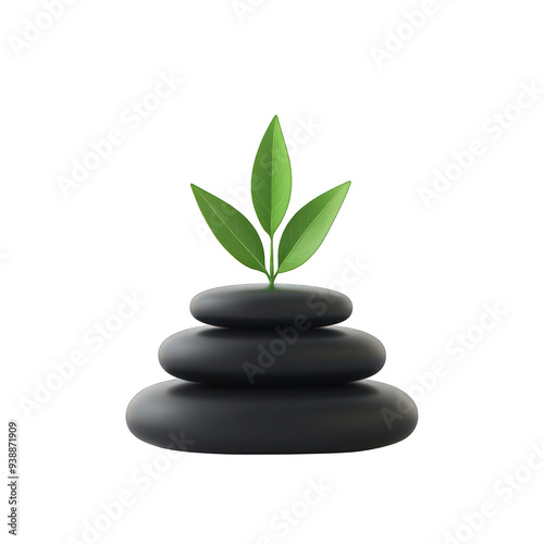 Balanced black stones with a fresh green plant on top, symbolizing harmony, growth, and tranquility in nature. transparent background