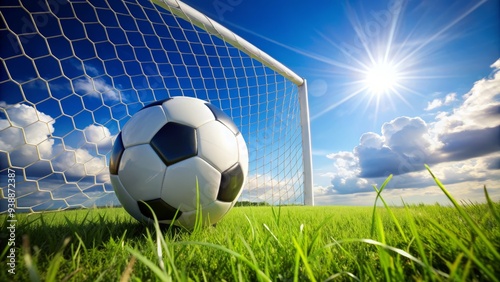 A white soccer ball rests in the back of a net, surrounded by lush green grass and a clear blue sky on a sunny day. photo