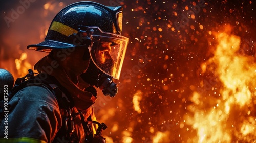 Firefighter Braving Night Blaze in Full Gear photo