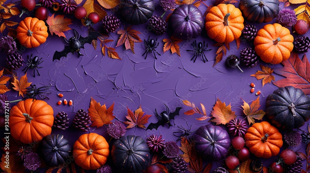 Halloween decorations on purple background flat lay with skeletons, bats, silhouettes, spiders, and pumpkins. Happy Halloween concept. Halloween decorations on purple background flat lay with skeletons, bats, silhouettes, spiders, and pumpkins. Happy Halloween concept.