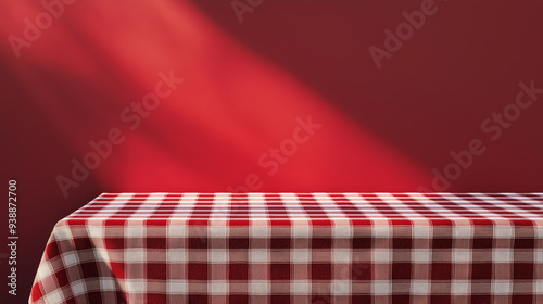 A table with a red and white checkered tablecloth against a matching red wall. photo