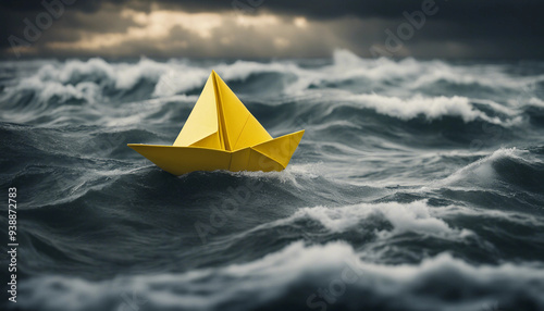 A yellow origami paper boat bravely sailing on turbulent ocean waves, with dark, stormy clouds