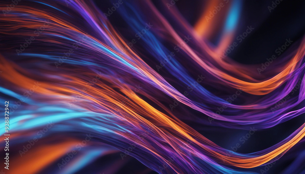 An abstract digital artwork featuring smooth, flowing waves of neon light in shades of blue, orange
