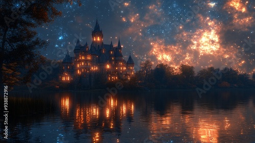 A magical castle illuminated by moonlight, with glowing windows and a starry sky above, reflecting in the calm waters of a nearby lake