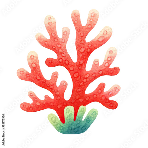 Vibrant watercolor illustration of a red coral with green base, showcasing marine life and ocean theme in artistic style.