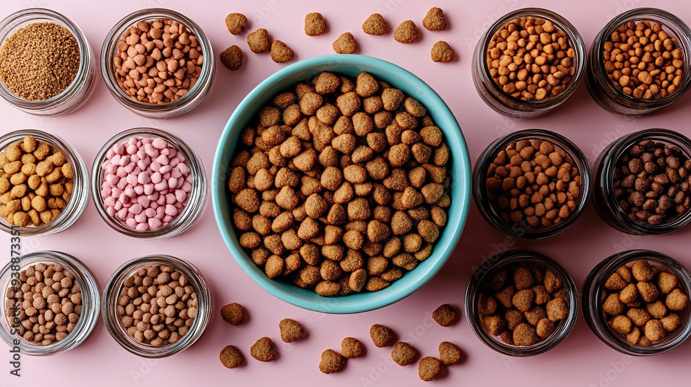 Pet supplies flat lay: kibble bowl, grooming tools on pastel pink background, copy space.