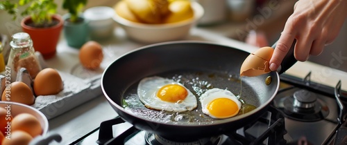 A woman's hand is seen peeling an egg into the pan on which two eggs have been fried, creating delicious breakfast ingredients for cooking in her kitchen at home