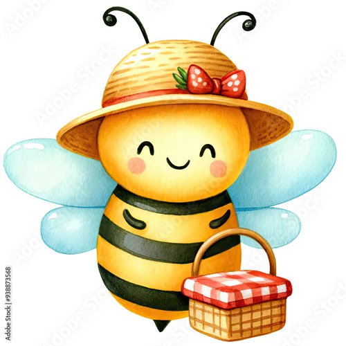 Cute cartoon bee with a picnic basket and straw hat, watercolored illustration, perfect for children's book or nursery decor.