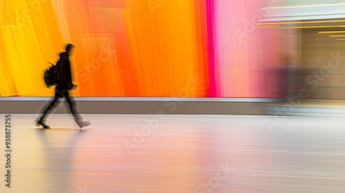 A silhouette figure walks past a dynamic, warm-toned background with vibrant orange and yellow hues in a blurred motion effect.