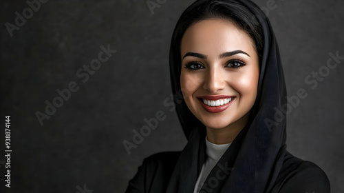 Content Emirati businesswoman smiling brightly, illustrating the profile of a Middle Eastern female entrepreneur, a successful Arab woman leader, and a prominent business executive uae