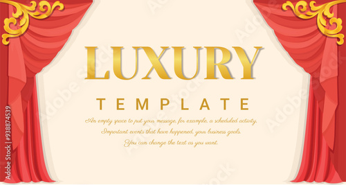 Luxury curtains Red color, Hand drawn style, Baroque ornament, and Golden outline floral border. Square theater background. EPS10 vector illustration. 