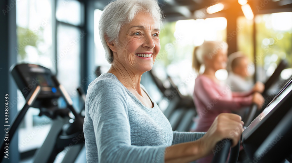 Fototapeta premium Senior women exercising on treadmills at a gym, smiling and enjoying their workout.