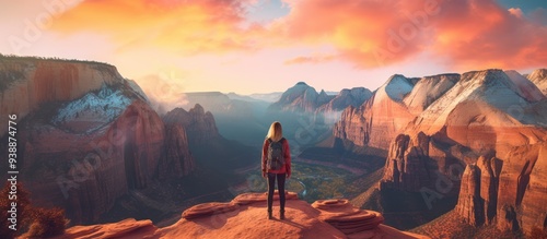 Wallpaper Mural Woman Standing on a Cliff Overlooking a Canyon at Sunset Torontodigital.ca