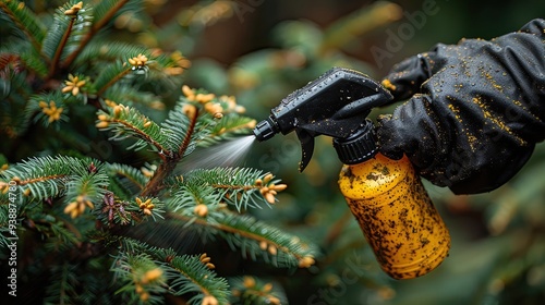 Gardener spraying thuja tree with pest protection and conifer care using spray bottle. photo