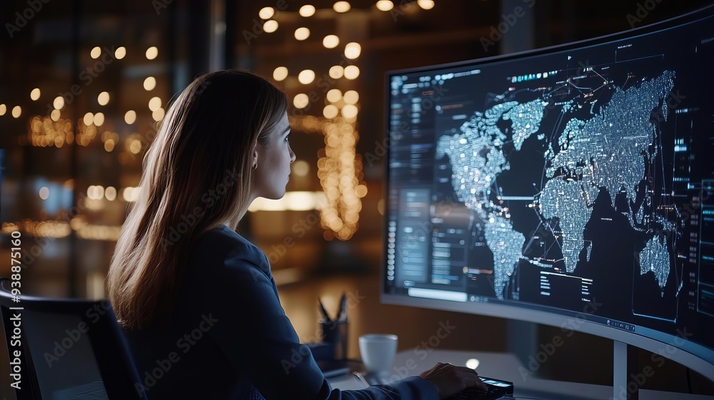 Remote worker using a virtual desktop projected in mid-air, Connected work tech, Portable workspace Remote worker using a virtual desktop projected in mid-air, Connected work tech, Portable workspace