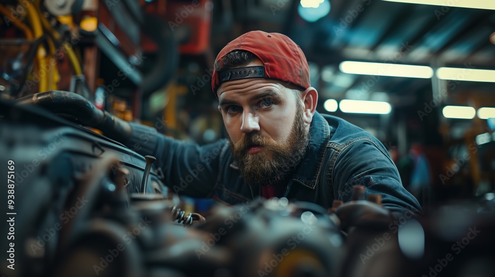 Professional Handsome Bearded Mechanic Focused on Car Maintenance in Industrial Garage Setting Professional Handsome Bearded Mechanic Focused on Car Maintenance in Industrial Garage Setting