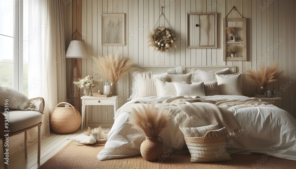 country interior design of modern bedroom with white and cream pillows on bed country interior design of modern bedroom with white and cream pillows on bed