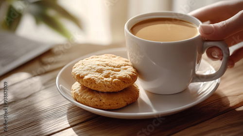 Enjoying a warm cup of coffee with freshly baked cookies on a cozy wooden table in the soft morning light