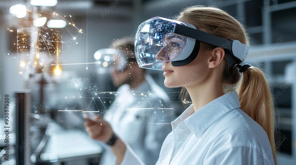 Young professionals networking via augmented reality glasses, Connected workspace, Futuristic collaboration Young professionals networking via augmented reality glasses, Connected workspace, Futuristic collaboration