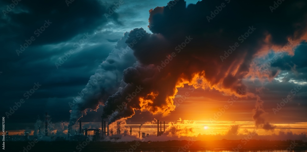 Fototapeta premium Black smoke rises from the chimney of an industrial plant at sunset, sun is visible in front and behind it through clouds