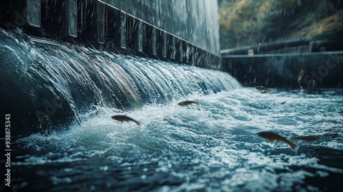 Flow of Water from Dam to River with Fish photo