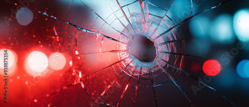 A bullet hole surrounded by shattered glass with colorful bokeh lights in the background. photo