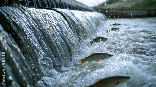 Flow of Water from Dam to River with Fish photo