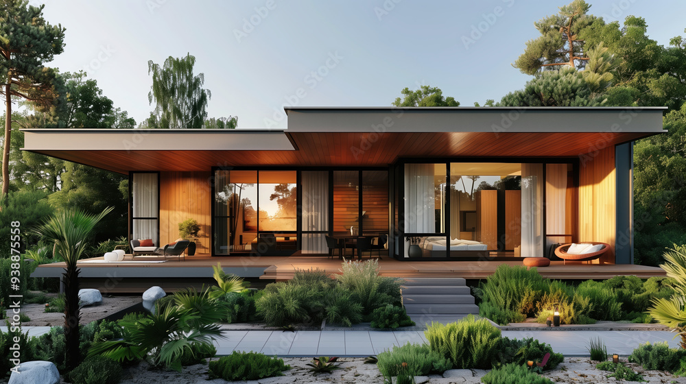 Modern Scandinavian House Front with Sleek Design and Lush Garden in Serene Natural Setting Modern Scandinavian House Front with Sleek Design and Lush Garden in Serene Natural Setting
