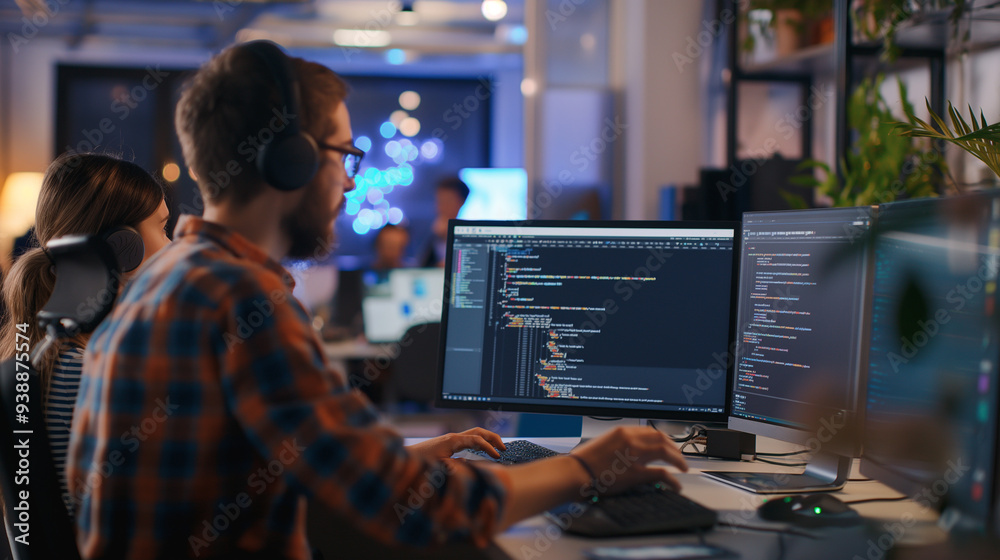 Programmer writing code looking at computer screen technology on internet in application development Programmer writing code looking at computer screen technology on internet in application development