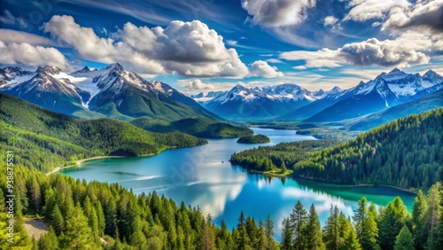 Breathtaking panoramic view of snow-capped Olympic Mountains rising above lush green forests and serene turquoise lakes under a vibrant blue sky with wispy clouds.