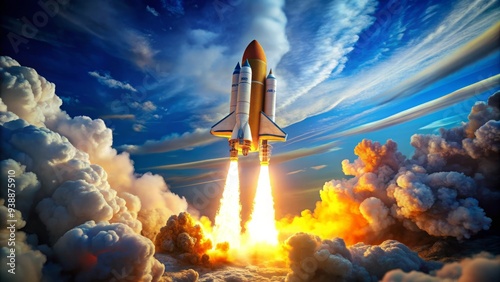 Brightly lit, sleek white rocketship blasts off into a vibrant blue sky with puffy white clouds, leaving a trail of fiery orange and yellow flames.