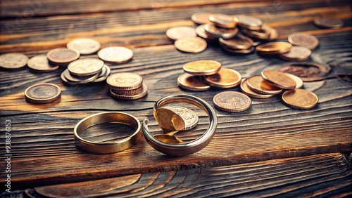 Broken marriage symbolized by torn wedding rings and scattered coins on a rustic wooden table, depicting the painful financial reality of divorce proceedings.