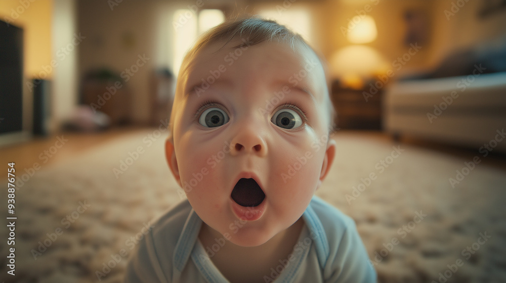 Adorable baby making a surprised face while taking a selfie, with a cozy home background. Adorable baby making a surprised face while taking a selfie, with a cozy home background.