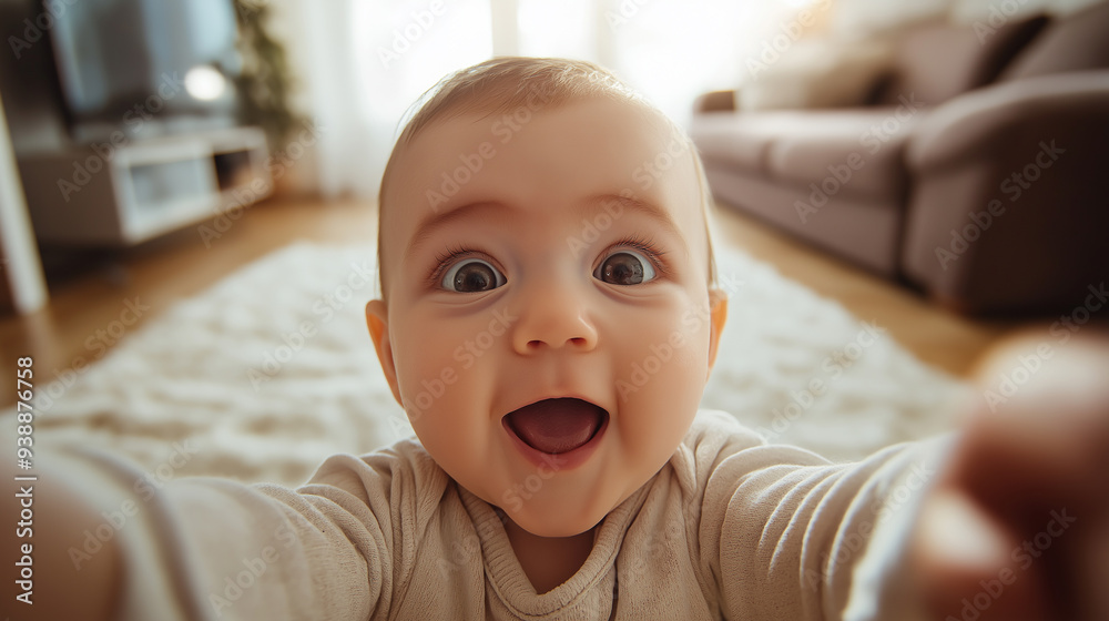 Adorable baby making a surprised face while taking a selfie, with a cozy home background. Adorable baby making a surprised face while taking a selfie, with a cozy home background.