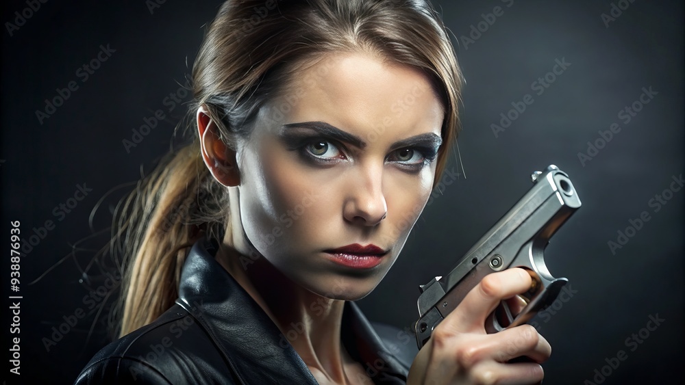 Caucasian Woman Holds A Silver Handgun With A Serious Expression And Focused Gaze, Showcasing Strength And Determination. Caucasian Woman Holds A Silver Handgun With A Serious Expression And Focused Gaze, Showcasing Strength And Determination.