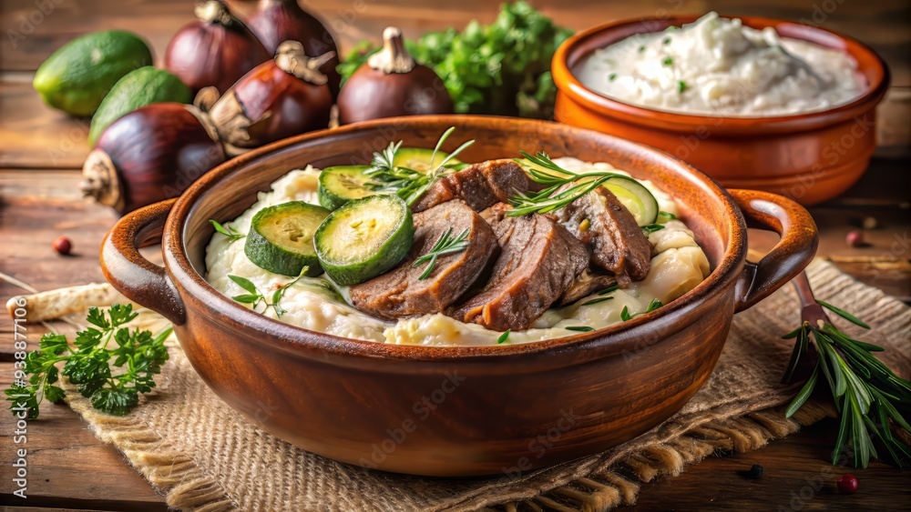 italian-style pot roast with creamy ricotta mashed potatoes, roasted zucchini, fragrant thyme, rustic terra cotta pot, warm golden lighting, rustic charm italian-style pot roast with creamy ricotta mashed potatoes, roasted zucchini, fragrant thyme, rustic terra cotta pot, warm golden lighting, rustic charm