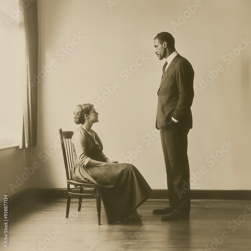A vintage illustration depicting a tense moment between a man and a woman, highlighting traditional gender roles, societal expectations, and the power dynamics of past eras.