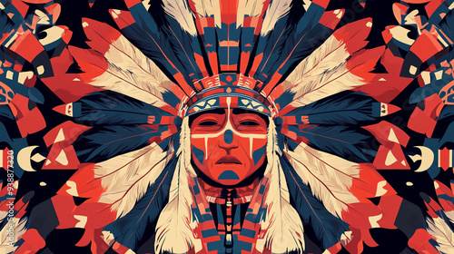 Vibrant tribal warrior adorned with feathers and symbols captures the essence of indigenous culture in a bold artwork photo