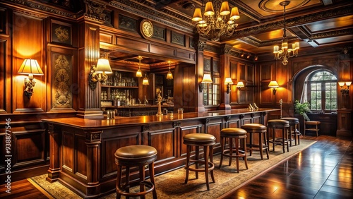 Classic British pub interior with dark wood paneling, warm lighting, and ornate details, evoking a sense of history and traditional charm.