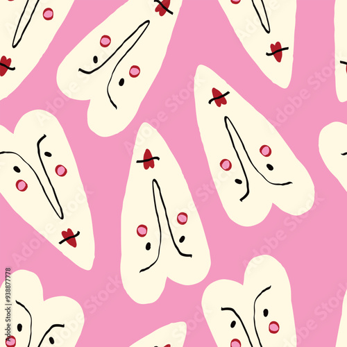 Valentines Day pattern with ugly funky hearts. Groovy cute love characters. Vector illustration in doodle style