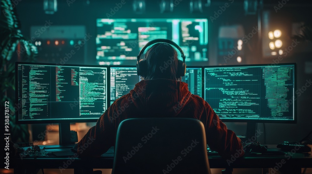Hacker Identity in Dark Room with Futuristic Tech Setup Hacker Identity in Dark Room with Futuristic Tech Setup