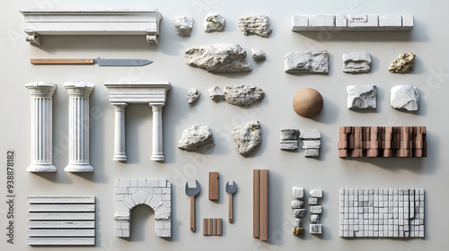 A collection of various building materials, including white marble and bricks, arranged on the table in a grid-like pattern.