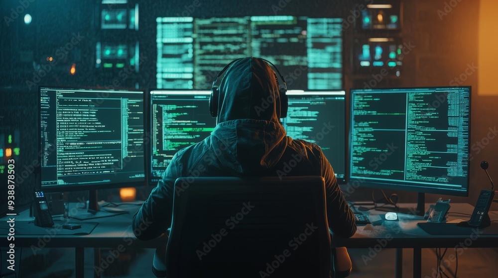 Hacker Identity in Dark Room with Futuristic Tech Setup Hacker Identity in Dark Room with Futuristic Tech Setup