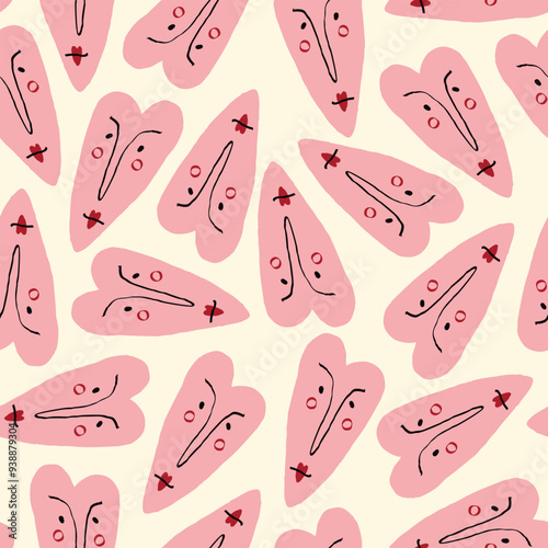 Valentines Day pattern with vibrant expressive funky hearts. Groovy cute love hearts