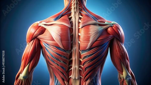 Close-up of anatomical illustration of multifidus muscle in the human back, highlighting its complex structure and key connections to vertebrae and surrounding tissues. photo