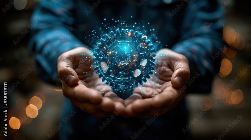 Fototapeta premium A man holds a digital gear in his hands, symbolizing technological progress and innovation.