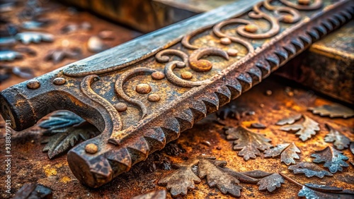 Close-Up Of A Rusted, Ancient Metal Tool With Intricate Carvings And A Sharpened Edge photo