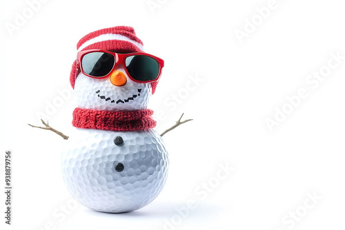 Golf ball  Snowman with red sunglasses, scarf and hat over white background. Area for text to the right . Christmas Card