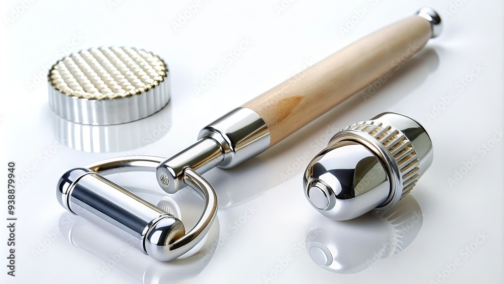 Close-up of a silver face roller with rolling pins and handles on a white background, used for skin care and facial massage therapy. Close-up of a silver face roller with rolling pins and handles on a white background, used for skin care and facial massage therapy.